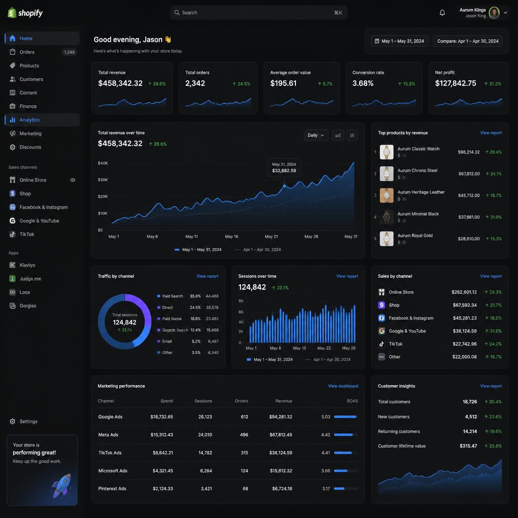 Shopify growth dashboard showing revenue and ROAS metrics